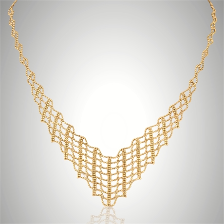 14K Gold Bombata Bib Necklace — Diamond-Cut Popcorn Chain, 17", 7.8g