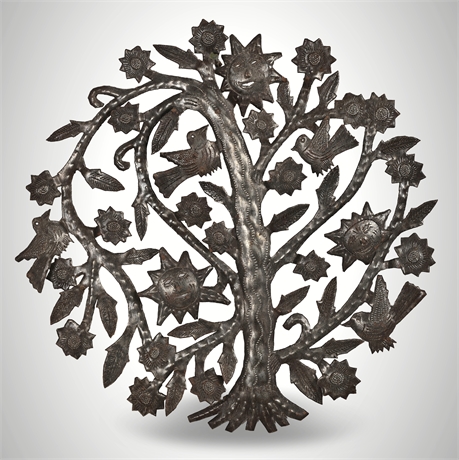 15" Haitian Cut-Steel “Tree of Life” Wall Sculpture, Signed Homel