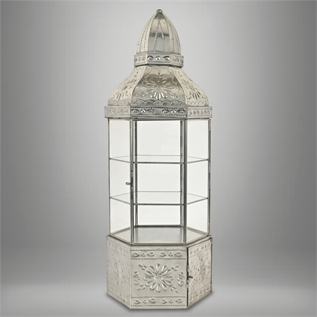 Vintage Mexican Embossed Tin & Glass Display Cabinet — Hexagonal, 19 1/2"