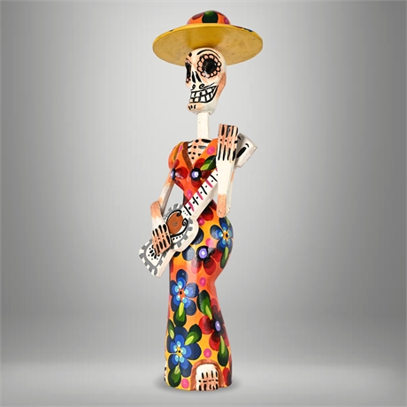 La Catrina Guitarrista Hand-Carved Mexican Sculpture, 17"