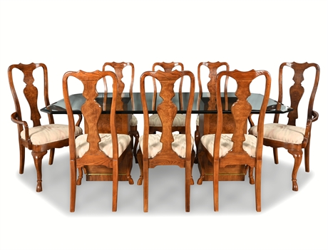 Drexel 'Corinthian' Dining Set – Elegant Walnut Burl Pedestal Table with 8 Chair