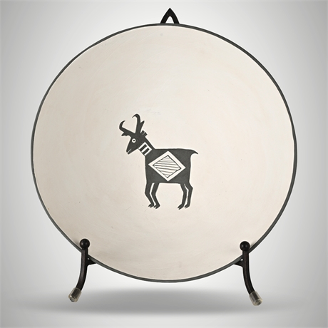 Mimbres-Style Pottery Bowl by DV — Hand-Coiled, 2012, Goat Motif, w/ Stand