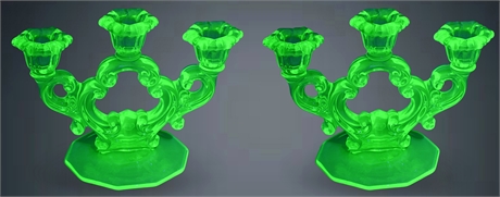 Fabulous Vintage Pair of Cambridge Uranium Glass Candelabras