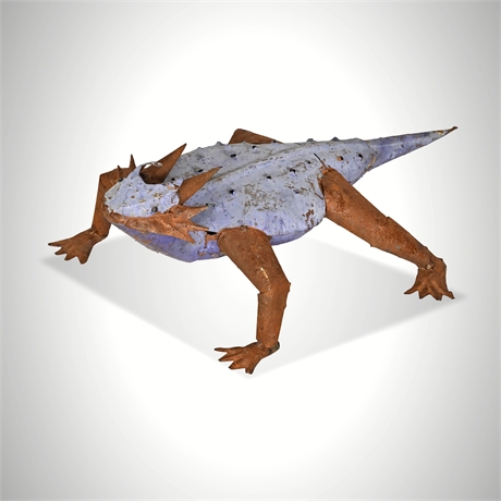 Folk Art Welded Steel Horned Lizard Sculpture in Lavender & Rust Patina