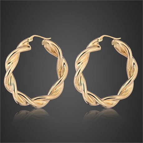 14K Yellow Gold Twisted Hoop Earrings Hollow Latch Back 1.47"