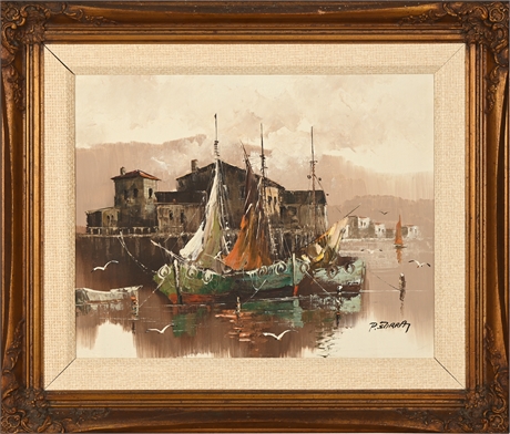 Paolo Stirrat Ships in Harbor Oil Painting on Canvas