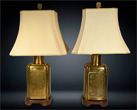Pair Embossed Brass Table Lamps
