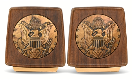 Vintage U.S. Great Seal Brass and Wood Bookends, Circa 1950s