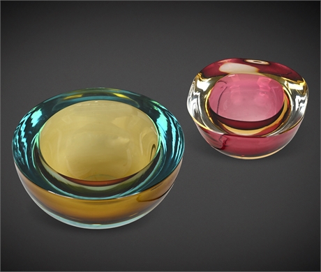 Vintage Sommerso Art Glass Bowls – Blue/Green & Pink/Yellow, Thick-Walled