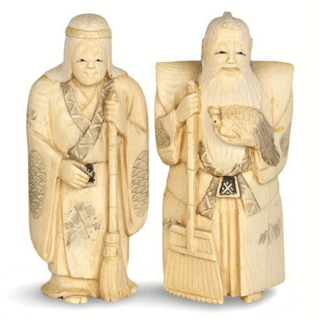 Pair of Japanese Meiji Period Carved Ivory Okimono Figures, Signed