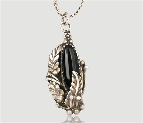 L. Lee, Navajo Sterling Silver Onyx Pendant & 20" Chain Set