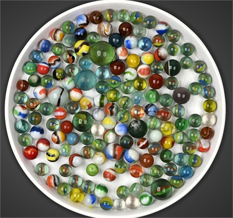Colorful Lot of 154 Vintage Marbles – Shooters, Swirls & Playtime History