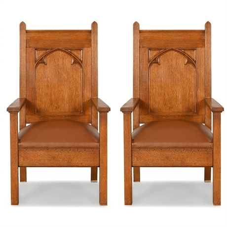 Pair of Early 20th Century Gothic Revival Oak Throne Chairs