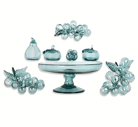 Vintage Hand-Blown Aqua Glass Fruit & Pedestal Bowl — 7 Pieces, Excellent