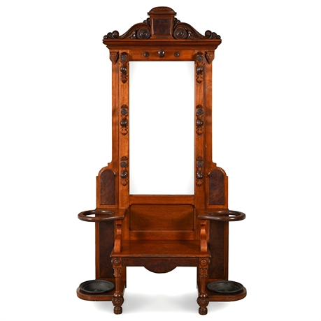 Victorian Eastlake Walnut Hall Tree with Mirror & Bench
