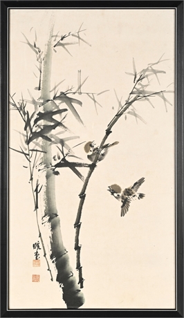 Signed Sparrows & Bamboo Watercolor, Meiji-Style, Framed