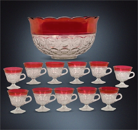 Indiana Glass Lexington Punch Bowl Set, Cranberry Flash, with (11) Cups