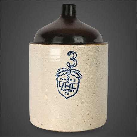 Uhl Pottery Acorn Wares 1-Gallon Jug w/ Brown Top & Blue Shield Stamp
