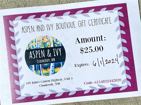 $25 Gift Certificate, Aspen & Ivy Boutique, Cloudcroft, NM