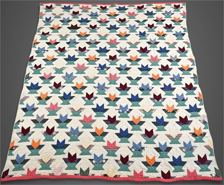Vintage Tulip Quilt Hand Pieced 88x74 Colorful Patchwork