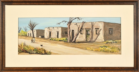 Ruth Runyan Panoramic Mesilla Adobe Streetscape — Original Painting on Paper