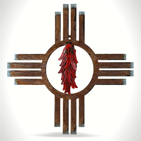 Iron Zia Sun Wall Art with Red Chile Ristra