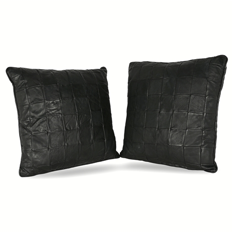 Contemporary Pair of Full Grain Leather Quilted Throw Pillows