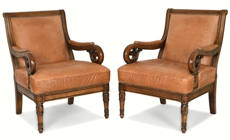 Pair Regency Style Carved Frame Leather Armchairs