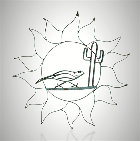 Verdigris Wrought Iron Desert Sun Wall Sculpture with Roadrunner & Saguaro