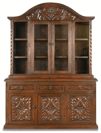 Mid-Century Hand Carved Wooden Hutch and Buffet with Forged Iron Hardware