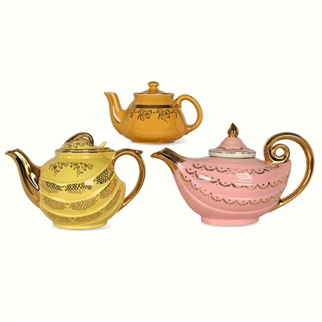 Hall USA Gold-Trimmed Teapots – Pink, Yellow & Mustard 0799GL Models, 3-Pieces