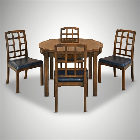 Thomasville "Coy" Burl-Top Round Dining Table & Four Lattice-Back Chairs, 1974