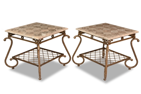 Pair Marble Clad Iron Side Tables