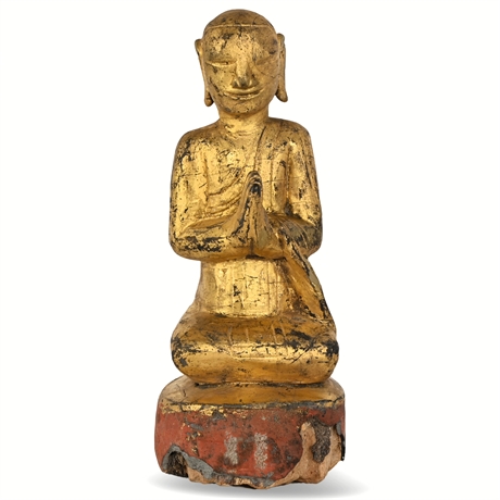 19th Century Burmese Gilt Wood Buddhist Monk in Prayer