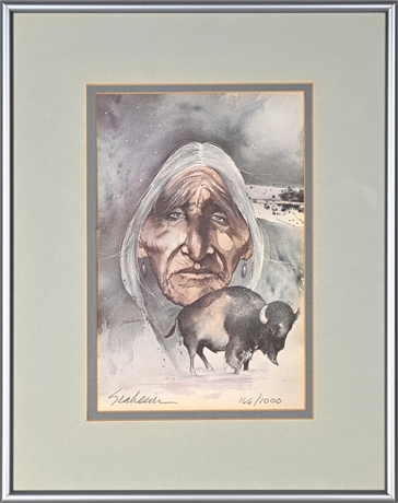 Bert D. Seabourn Signed Limited Edition Print #166/1000 – Native Elder & Buffalo