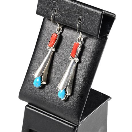 Navajo Coral and Turquoise Squash Blossom Earrings by Running Bear