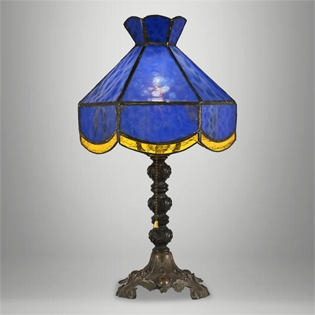 Slag Glass Panel Table Lamp, Cobalt & Amber Shade on Cast Metal Base