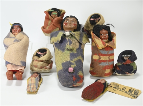 Collection of 9 Authentic Skookum Dolls