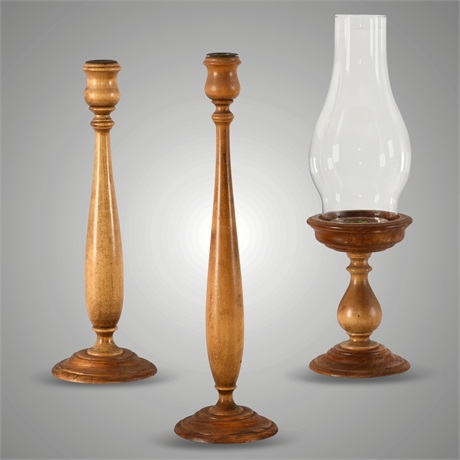 Turned Wood Candle Holders and Hurricane Lamp