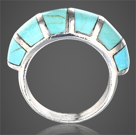 1980s Sterling Silver Turquoise Inlay Ring, Size 9