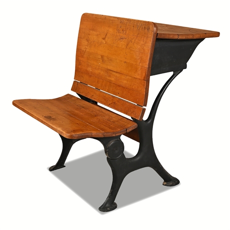 Antique Cast Iron & Maple Combination School Desk, Marked "3R" / "3L"