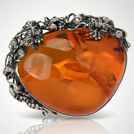 Antique Sterling Silver Baltic Amber Brooch with Magnolia Floral Design