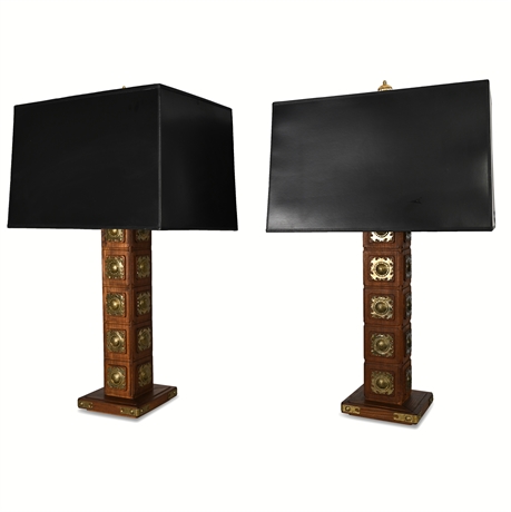 31" Vintage Pair of Asian-Inspired Brass Shou Wood Lamps