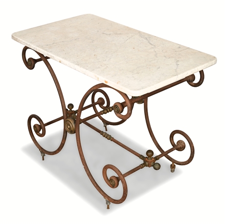 French 19th-Century Butcher’s Table — Marble Top, Wrought Iron Scroll Base