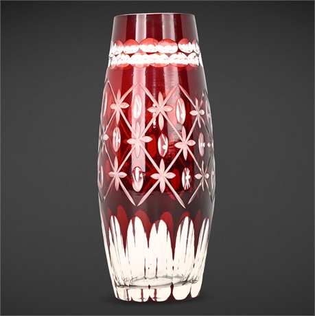 Bohemian Ruby Cut-to-Clear Glass Vase – 7.75″ Floral & Diamond Overlay