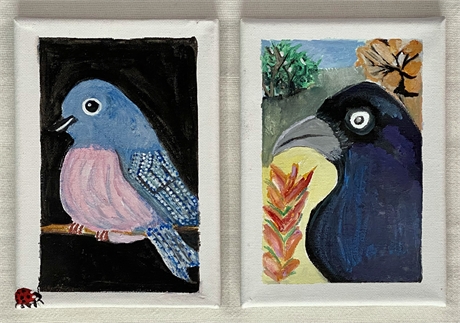 Bird Diptych, Set of 2 Paintings, Watercolor on Canvas by Lorraine Hannah