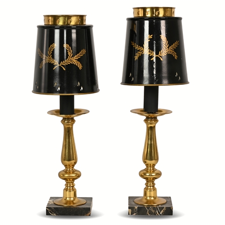 Pair Antique Marble & Brass Buffet Lamp