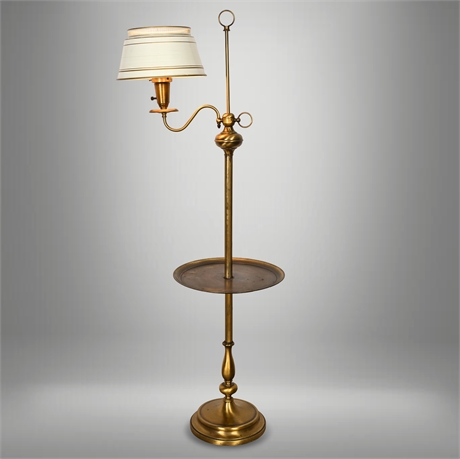 Brass-finish swing-arm floor lamp w/ tray & 2 shades, 3-way switch, c. 1930s