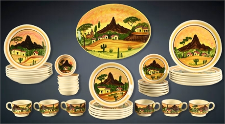 Hand-Painted Vintage Mexican Ceramic Dinnerware Set – 37 Pieces, Rustic Charm