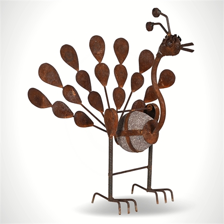 Folk Art Welded Steel Peacock Garden Sculpture with River Stone Body